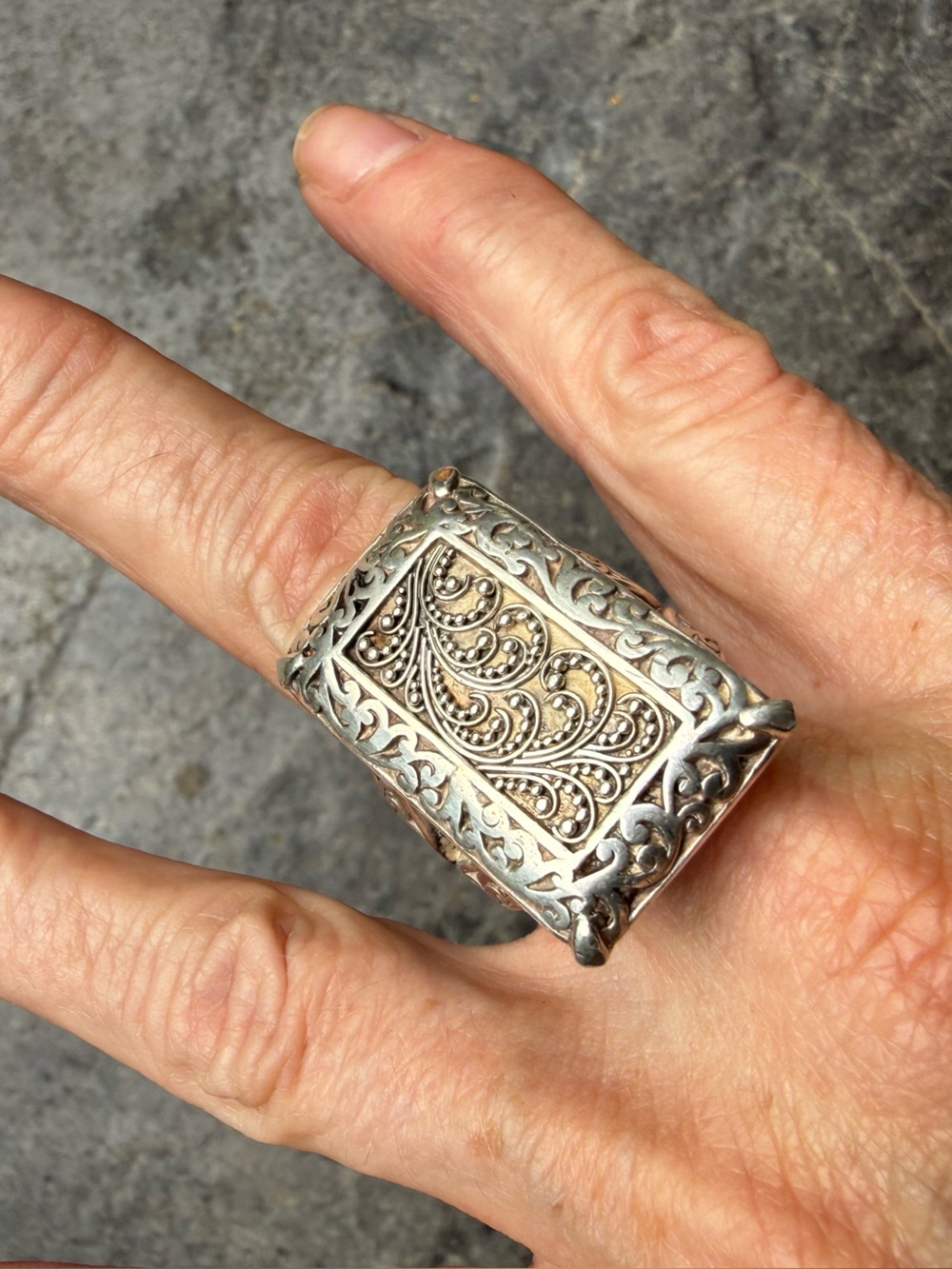 Lois Hill 925 Sterling Signature Scroll Granulated Rectangular Cocktail Ring